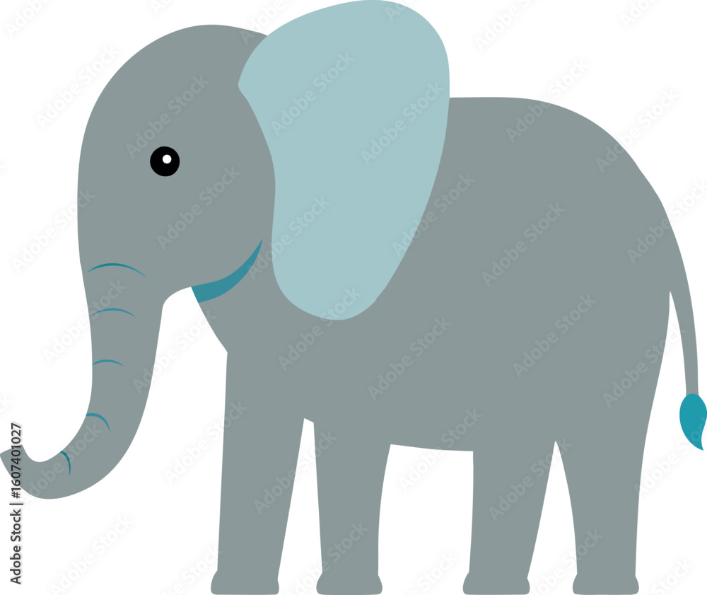 Fototapeta premium Cute Cartoon Elephant in Grey with Light Blue Ears and Curved Trunk