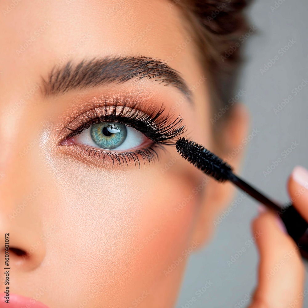 Naklejka premium A close-up of an eye with long, thick eyelashes and a mascara brush next to it. The focus is on highlighting the eyelashes and showing off the beauty of the makeup.