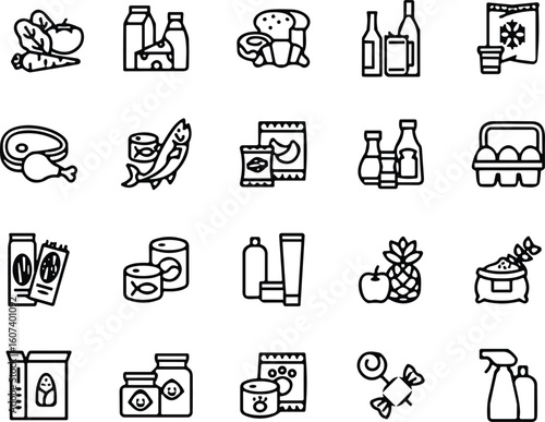 Comprehensive grocery icon set vector illustration including fruits, dairy, snacks, meats, beverages, household items—modern flat symbols for food packaging, retail, culinary and lifestyle designs
