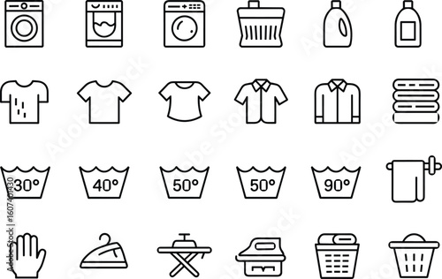 Laundry care icon set vector illustration including washing machine, detergent bottle, garment types, temperature symbols, ironing and drying methods, minimalist textile care symbols pack