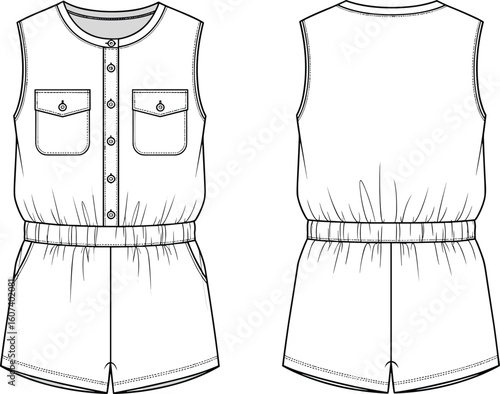 Sleeveless romper technical sketch with button placket, chest flap pockets, elastic waistband, side pockets, front and back views, round neckline, minimalist garment fashion flat
