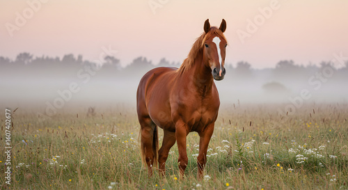 Majestic Chestnut Horse Standing Tall in a Wildflower Meadow with Mist Background During Early Morning