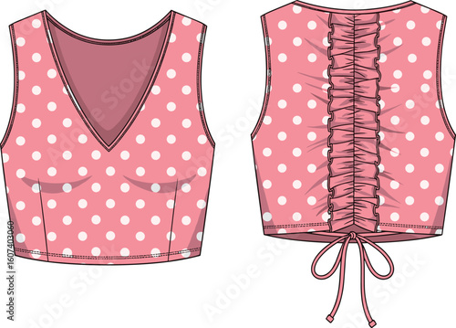 Sleeveless polka dot crop top technical sketch front and back views, V-neckline, dart seams, ruched tie-back detail, gathered back seam, minimalist summer garment illustration