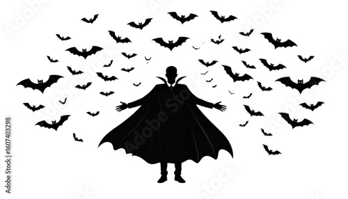 Silhouette of a vampire surrounded by a swarm of bats against a white background.