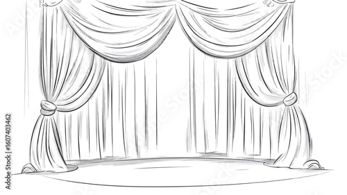 Theatrical Stage Curtains Cartoon Line Drawing Vector Illustration