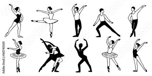 Black Ballet Pose Set Icon Design