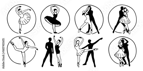 Black Ballet Pose Set Icon Design