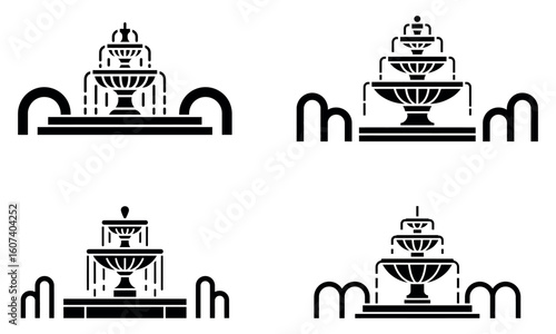 Black fountain silhouette set isolated on white background
