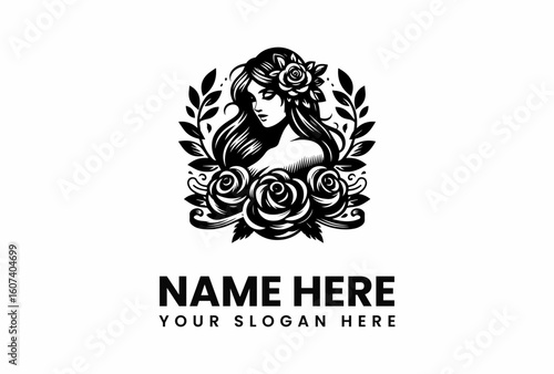 Elegant Woman with Roses in a Vintage Style Logo.
