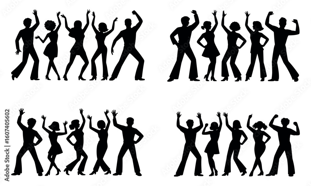 Fototapeta premium Black dancing people silhouette set isolated on white background 