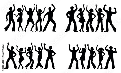 Black dancing people silhouette set isolated on white background
