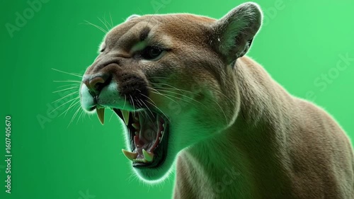 Close up of an angry cougar with its mouth open against a green screen background studio shot green screen animal video
