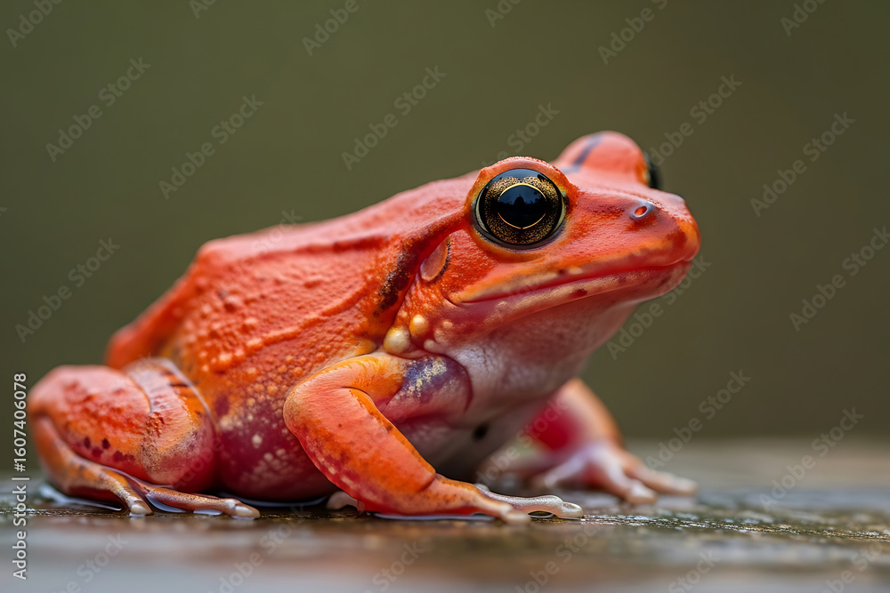 Fototapeta premium Vibrant red frog close-up, a detailed macro photo showcasing its textured skin and prominent eyes.