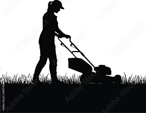 Vector silhouette illustration of  a female gardener stands in a field, holding mowing machine to prune and cut the grass