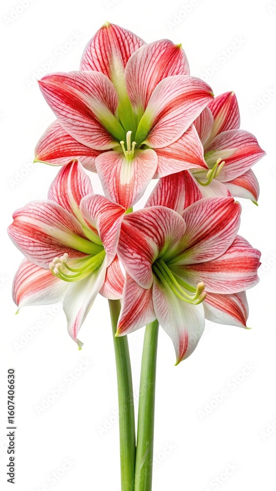 Fototapeta premium Striking Amaryllis Blooms in White and Red Stripes on a Clean White Backdrop