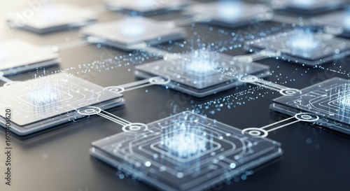 Interconnected digital nodes with glowing data streams, representing blockchain technology and secure network communication