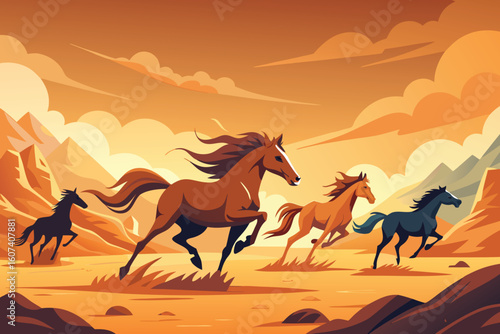 Wild horses running free across the plains with a warm sunset backdrop