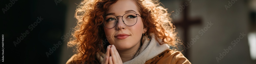 Young caucasian female with curly red hair and glasses in thoughtful pose Young caucasian female with curly red hair and glasses in thoughtful pose