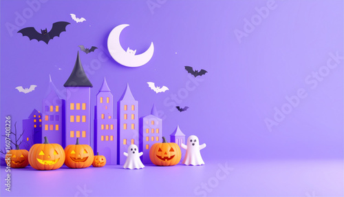 Festive Halloween scene featuring pumpkins, ghosts, bats, and a stylized cityscape under a crescent moon.
