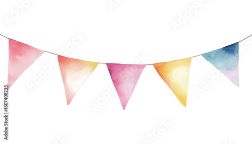 Colorful watercolor bunting flags strung on a thin cord against white string garland
