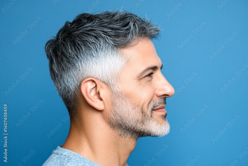 Chic men's side part haircut - midlife middle eastern man with middle hair. A joyful and radiant male expressing confidence. Blue solid background. Creative design idea of style for aging men. Chic men's side part haircut - midlife middle eastern man with middle hair. A joyful and radiant male expressing confidence. Blue solid background. Creative design idea of style for aging men.