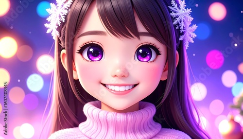 Smiling anime girl with winter accessories