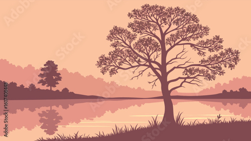 Sunset lake landscape with tree silhouette nature scene reflection peaceful background vector illustration