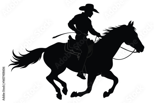 Silhouette of Cowboy Riding Horse at Full Gallop on White Background