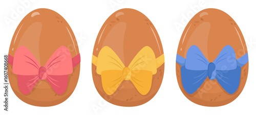 Dark chicken eggs decorated with bows of different colors. Vector isolated symbol of birth, motherhood and new beginnings. Satin ribbons red, blue, yellow. Fragile eggshell - house for baby