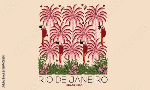 Summer vibes artwork. Macaw paradise artwork. Tropical vibes t shirt artwork. Palm tree artwork. Tropical paradise. Amazing brasil. Copacabana beach art. Rio de janeiro.
