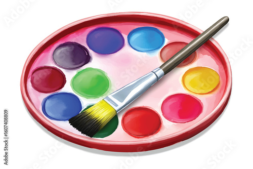 Colorful watercolor paint palette with brush on white background art supplies painting