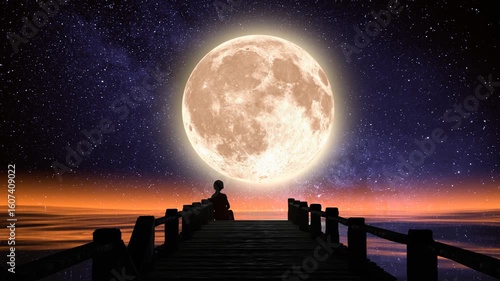 Girl sitting on a pier at night looking at the big full moon and gentle waves reflecting colourful sky, moon and stars. Camera slowly moves through the pier towards the girl. 3D illustration