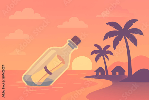 Message in a Bottle with Serene Coastal Nostalgia at Sunset
