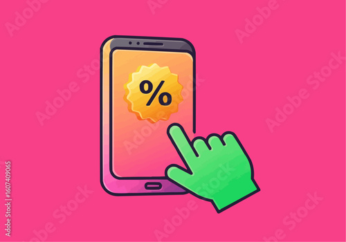 A green hand taps a percentage discount symbol displayed on a smartphone screen.
