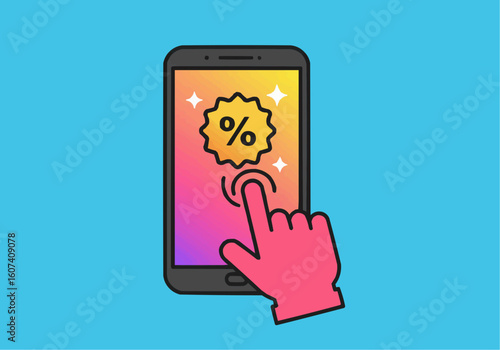 Hand touches a smartphone screen displaying a percent discount icon.
