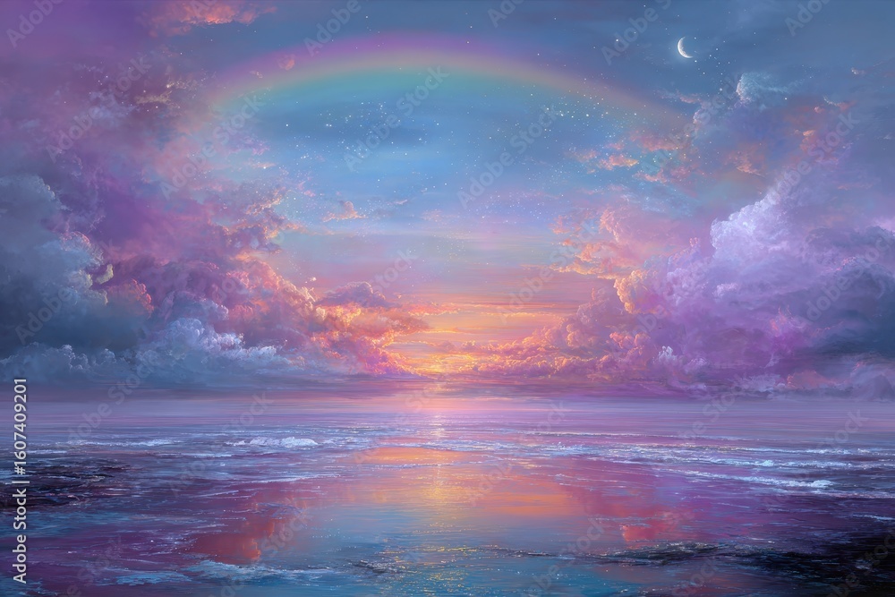 Fototapeta premium Dreamy Ocean Sunset with Rainbow.