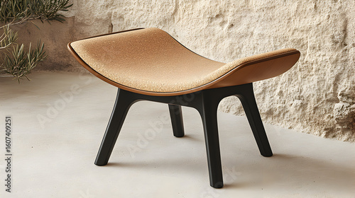 A tan leather ottoman with black wooden legs against a stone wall.