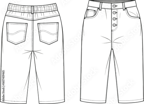 Women’s elastic-waist shorts technical sketch front and back views, button-front fly, belt loops, coin and patch pockets, decorative stitching, flared leg silhouette illustration