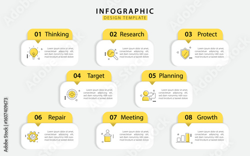 Timeline Creator infographic template. 8 Step timeline journey, calendar Flat simple infographics design template. presentation graph. Business concept with 8 options, gantt vector illustration.