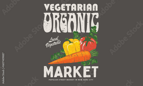 Organic vegetables farm. Carrot and tomato print design. Organic artwork for t shirt print, poster, sticker and other uses. Capsicum artwork.
