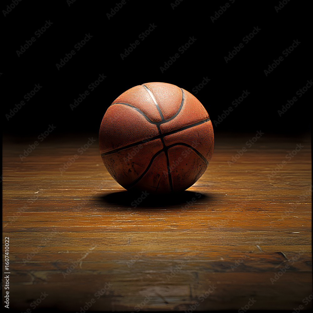 Obraz premium A used basketball sits on a dark brown wooden floor.