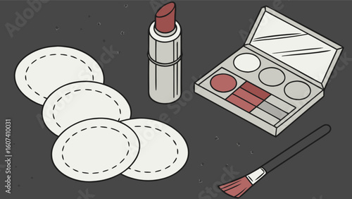 Makeup essentials flat lay illustration featuring lipstick eyeshadow palette brush and cotton pads for beauty routine