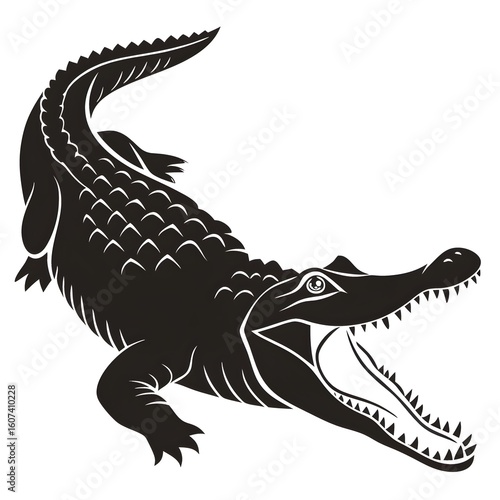 Black silhouette of a crocodile isolated on white background