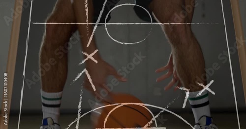 Athlete receiving falling basketball and practicing dribble moves guided by animated chalk diagram