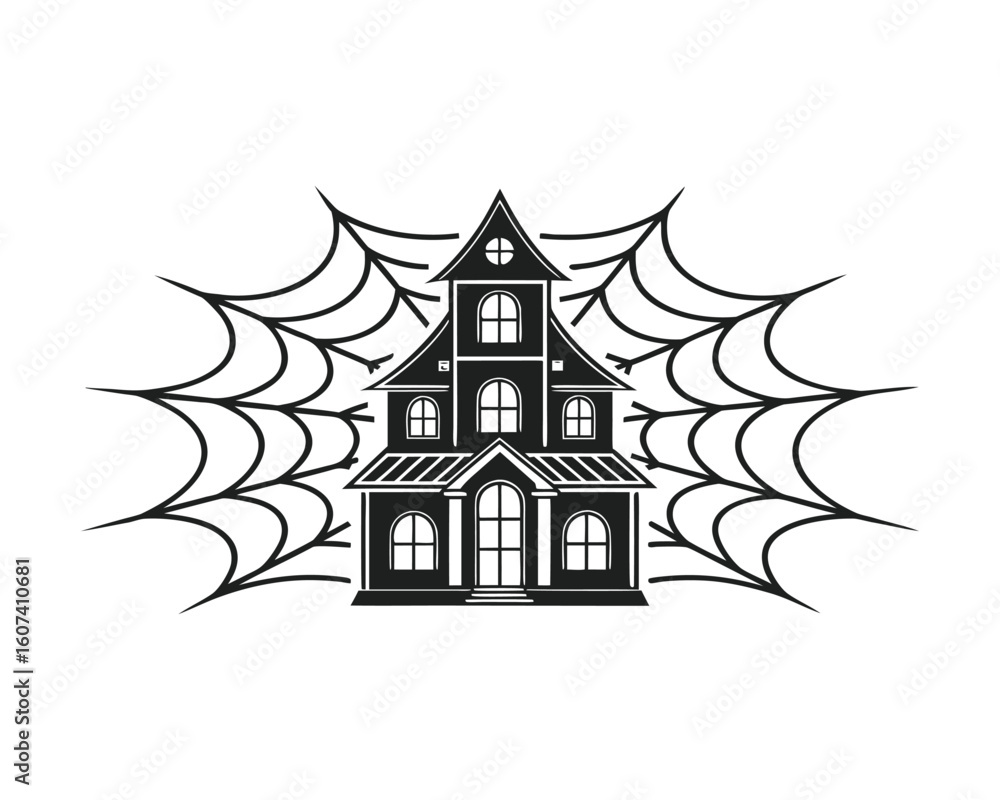 Naklejka premium Haunted House with Spider Web Halloween Silhouette