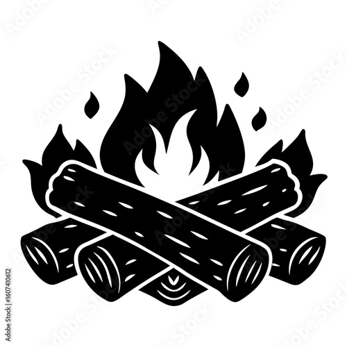 A cozy campfire with burning logs and flickering flames, evoking warmth and the outdoors
