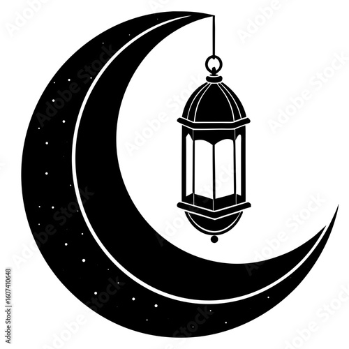 A crescent moon with a hanging lantern and scattered stars