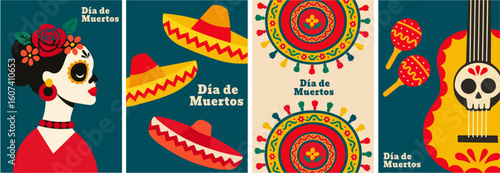  A colorful set of posters celebrating Dia de Muertos (Day of the Dead), including a sugar skull woman with flowers, traditional Mexican sombreros, decorative mandalas, maracas, and a guitar