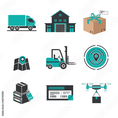 Streamline logistics with icons for delivery, warehouse, and drone shipping.