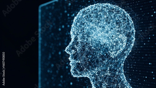 Network nodes forming human head silhouette on transparent screen, conceptual photo representing intellect, connectivity, identity, and future business